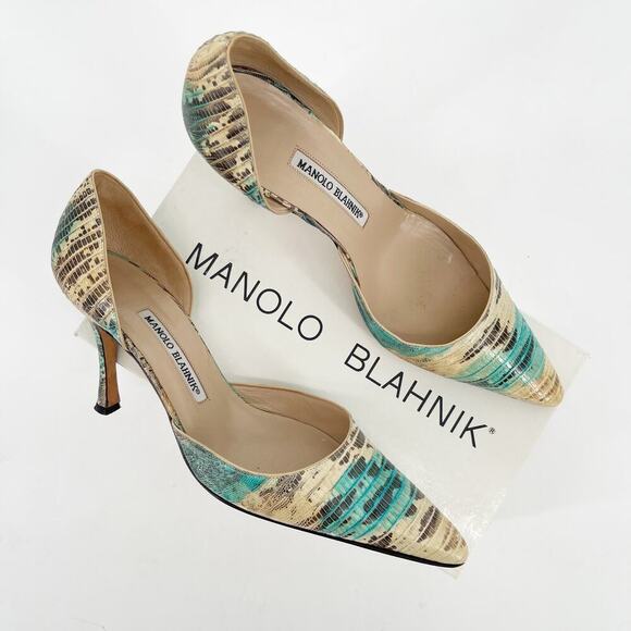 Manolo Balhnik Retro Turquoise Teju Lizard Pointed Toe D'Orsay Heel IT 39.5 - Picture 1 of 12